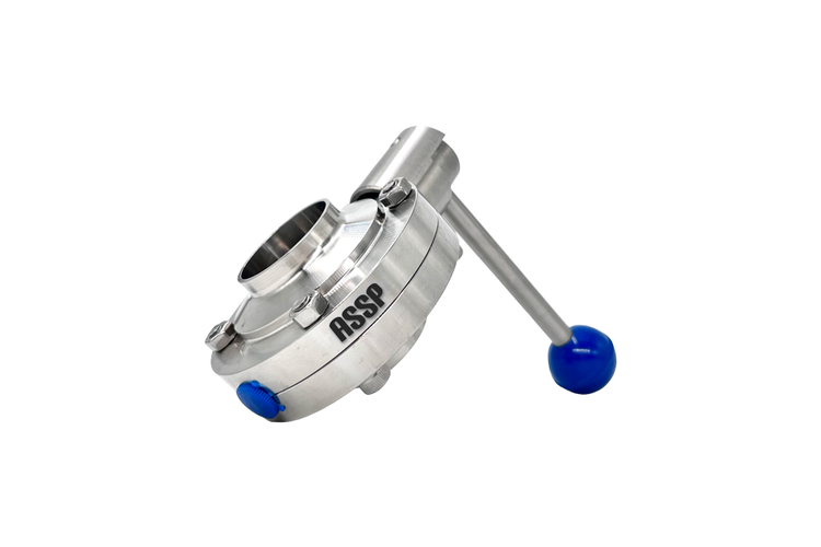 شیر پروانهای دسته اهرمی جوشی استنلس استیل ASSP با پولیش آینهای و اتصال Weld-End بهداشتی